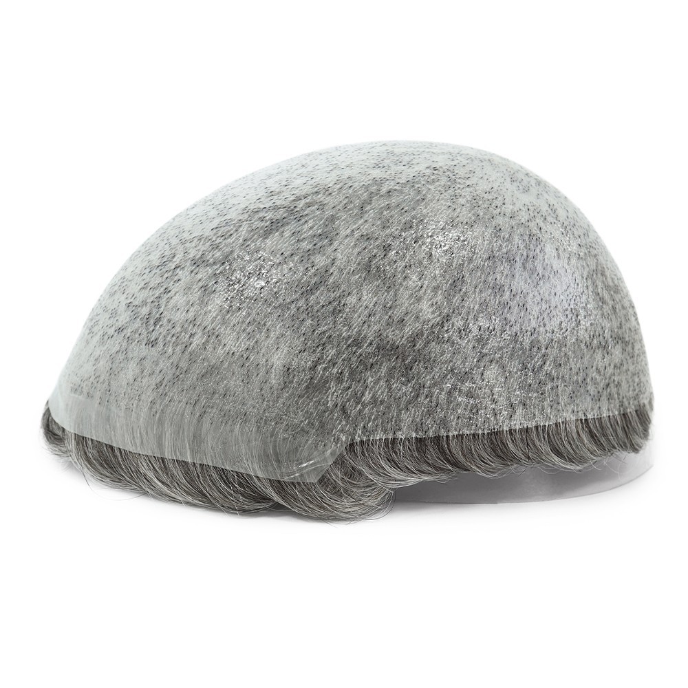 Mens Toupee HumanHair Replacement System Hairpiece 0.05mm Thin Skin Grey BIO#550