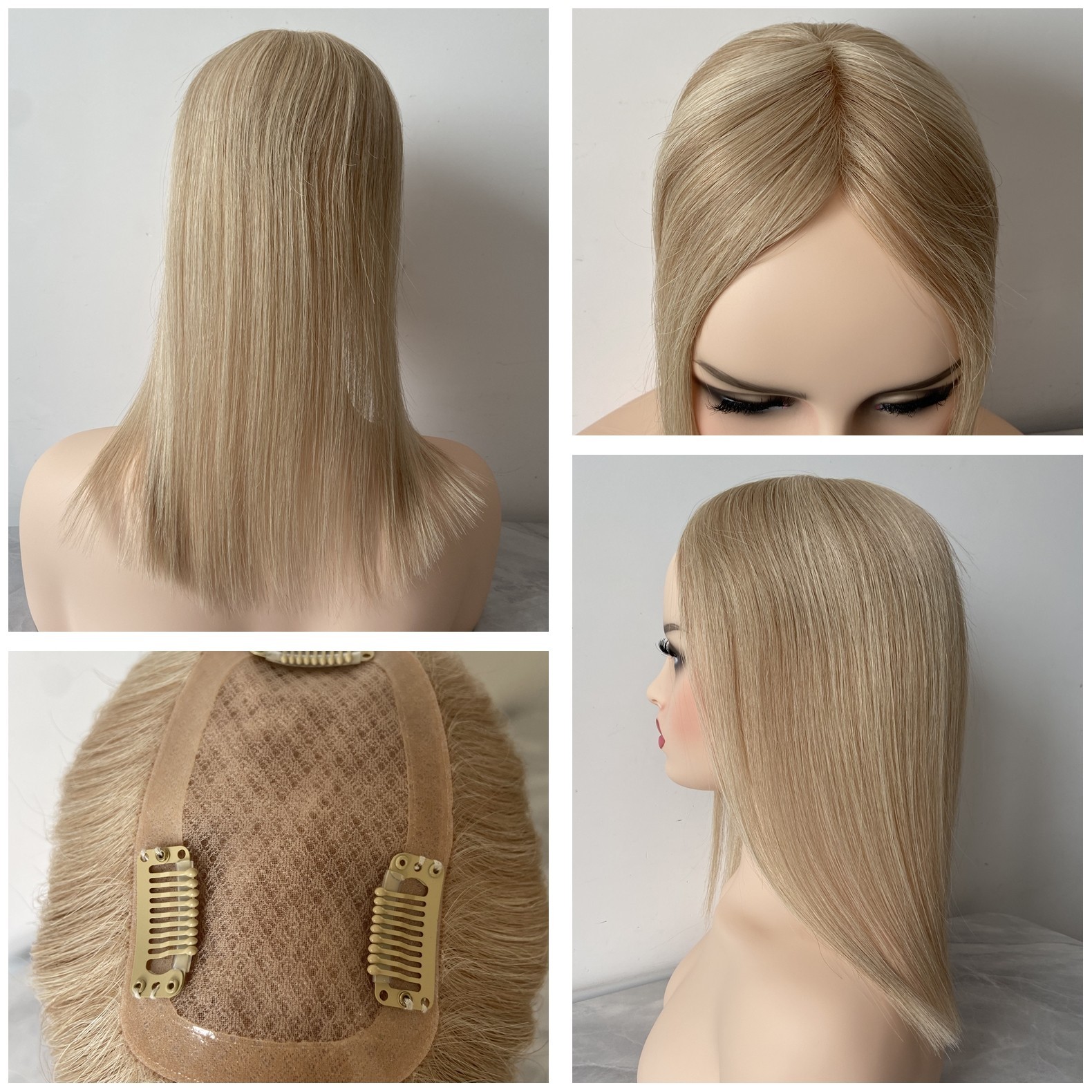 100% HUMAN HAIR CLIP IN 3X5 MONO TOPPER HONEY BROWN W/BLONDE HIGHLIGHTS 14″ 16″