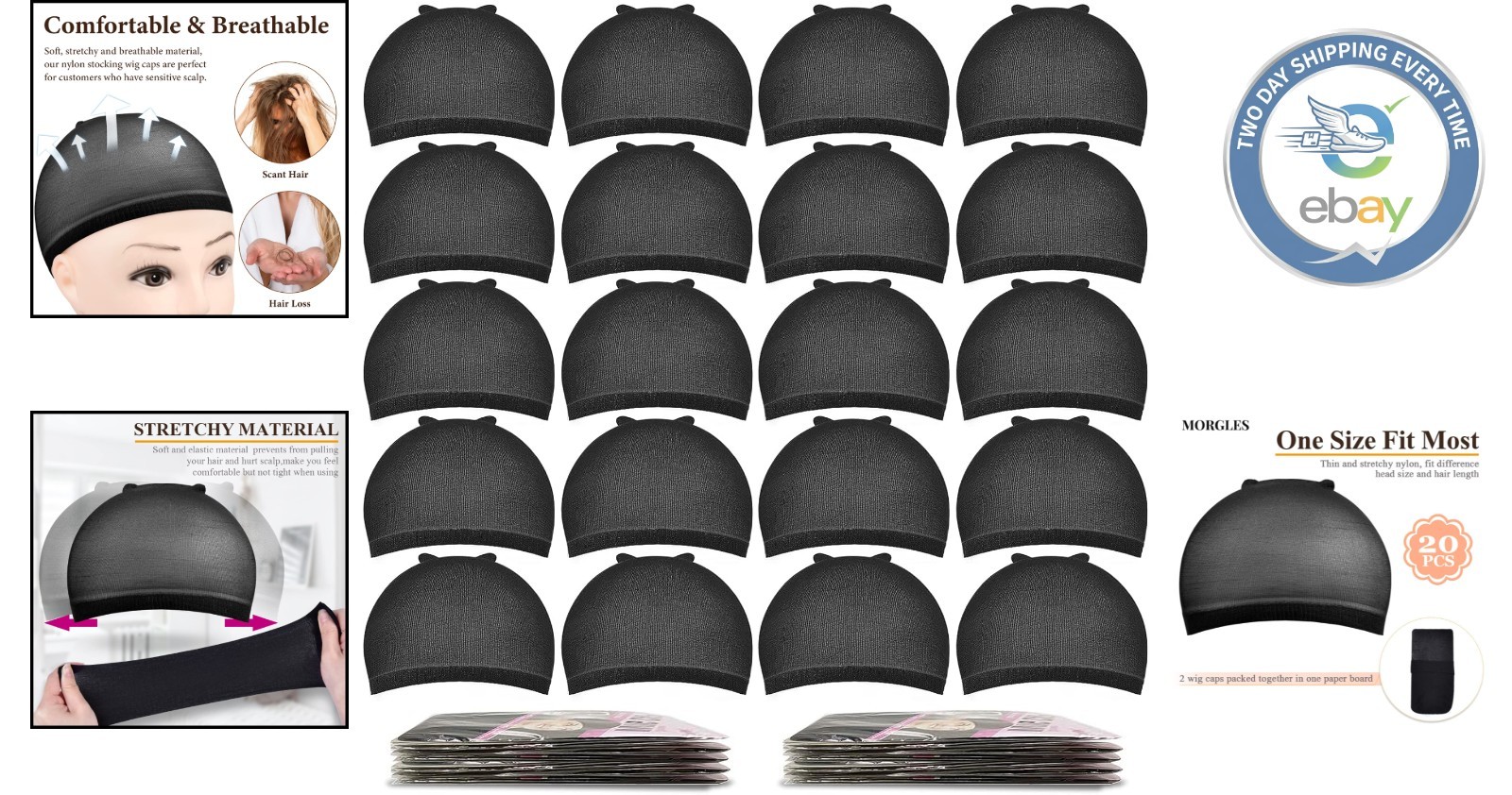 20 Durable Black Nylon Wig Caps – Secure Fit for Cosplay, Daily Wear & Halloween