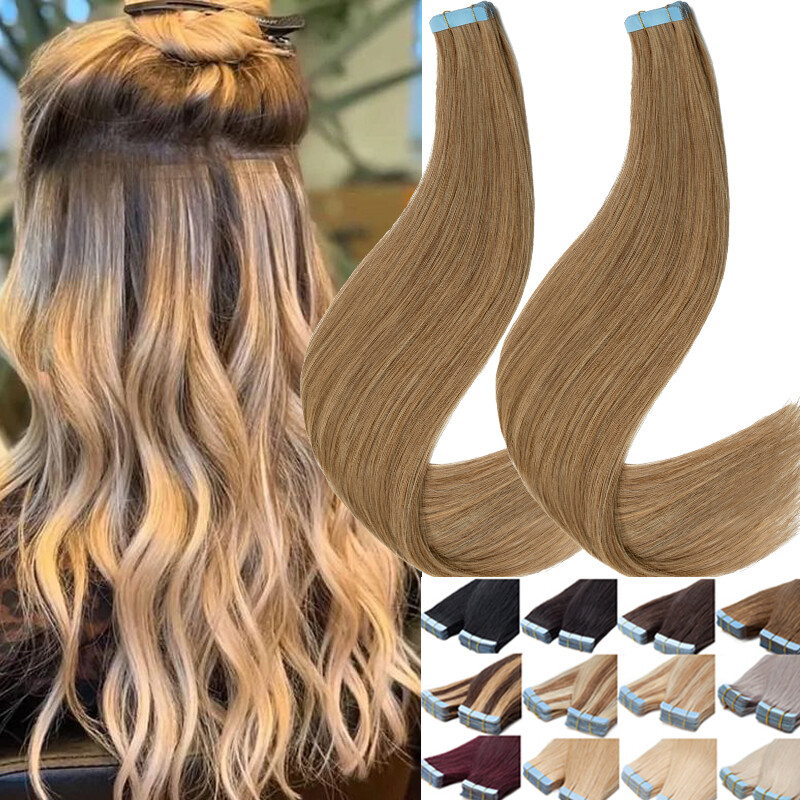 60PCS Tape In Real Remy Human Hair Extensions Skin Weft Thick Full Head Brunette