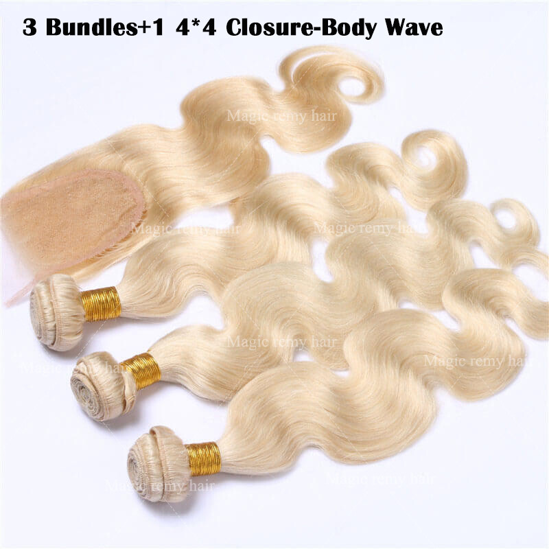 Blonde Virgin REMY Human Hair Extensions Doubel Weft Weave 100-300g with closure