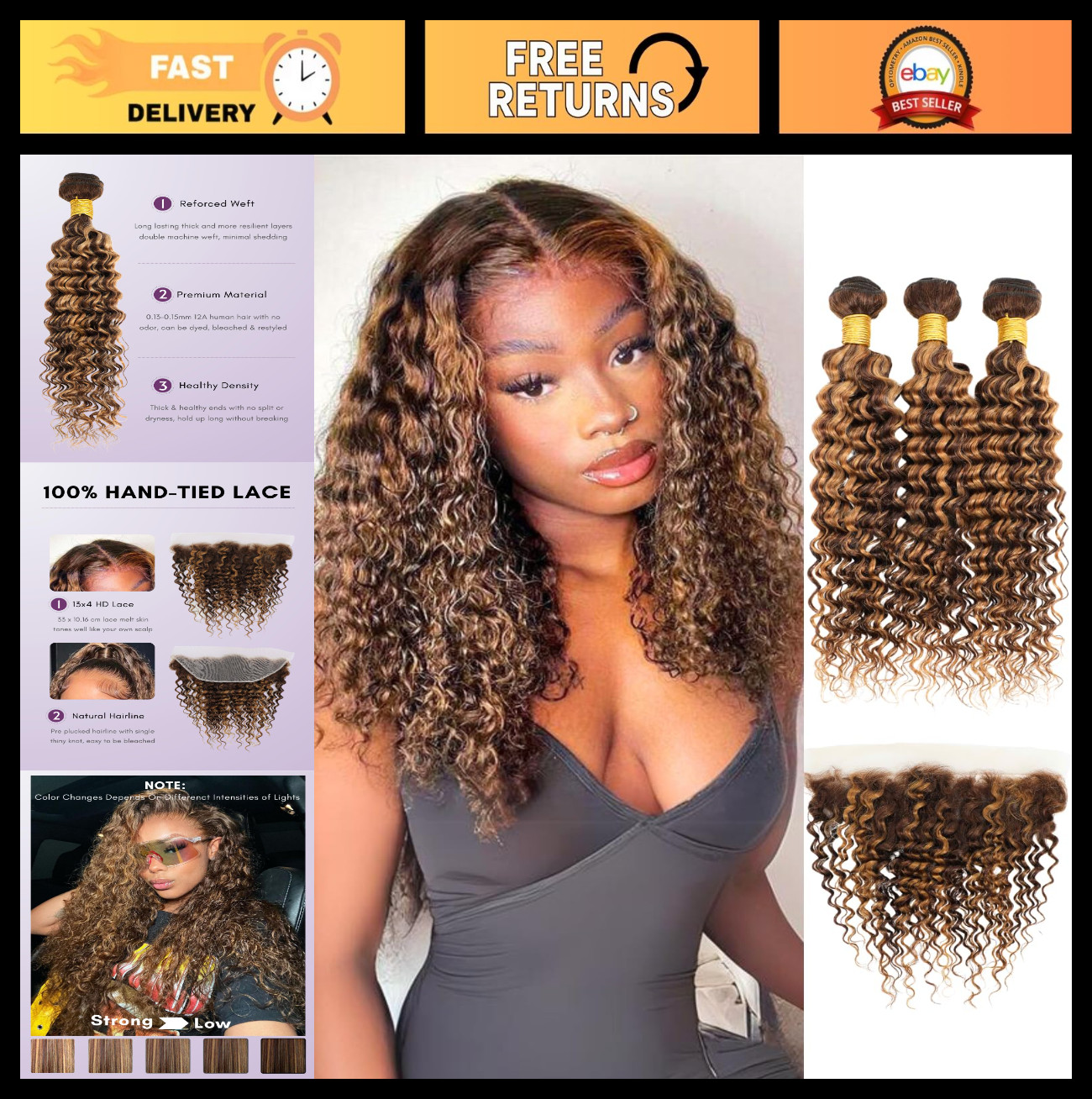 12A Honey Blonde Deep Wave Bundles with 13×4 Lace Frontal Closure – 3 Virgin Hai