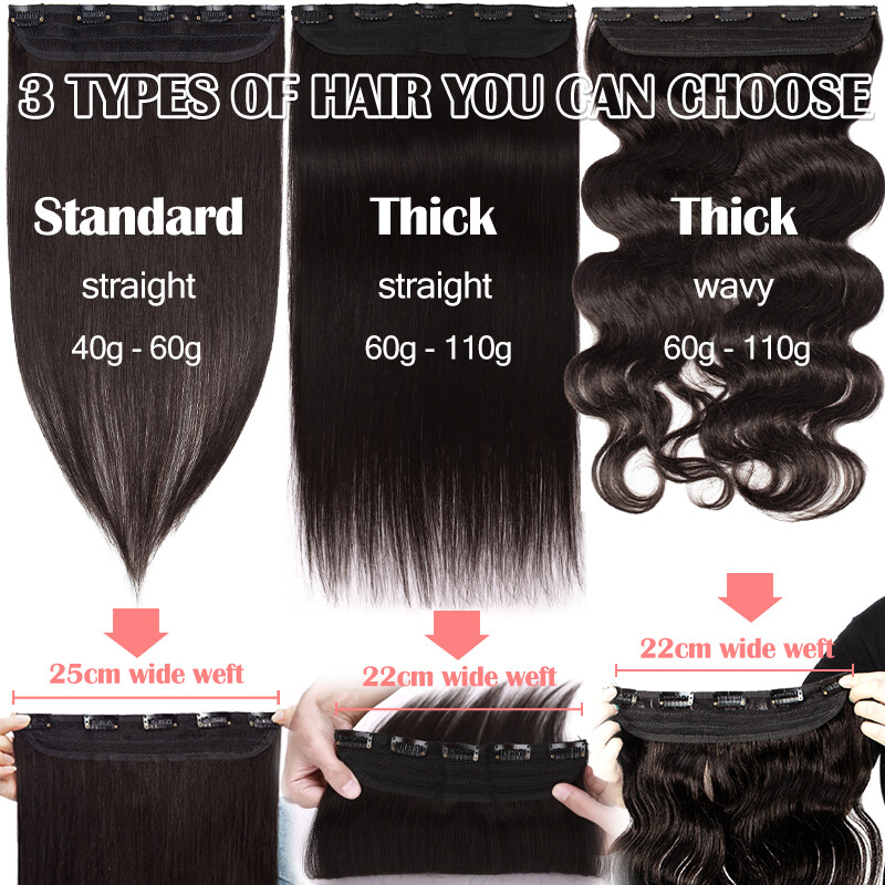Clip in 100% Real Remy Human Hair Extensions 3/4 Full Head Thick Weft One Piece