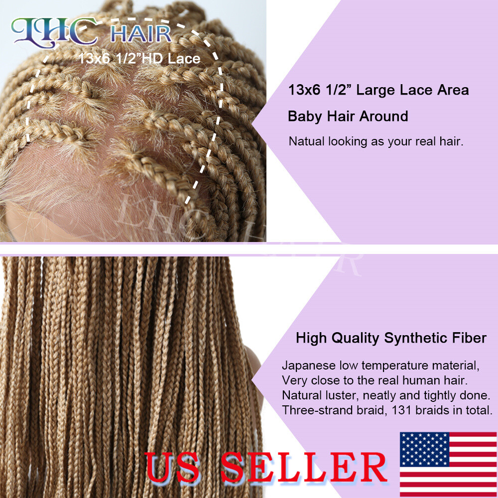 34″ Long Box Braided Wigs For Women Synthetic Lace Front Baby Hair Glueless Wig