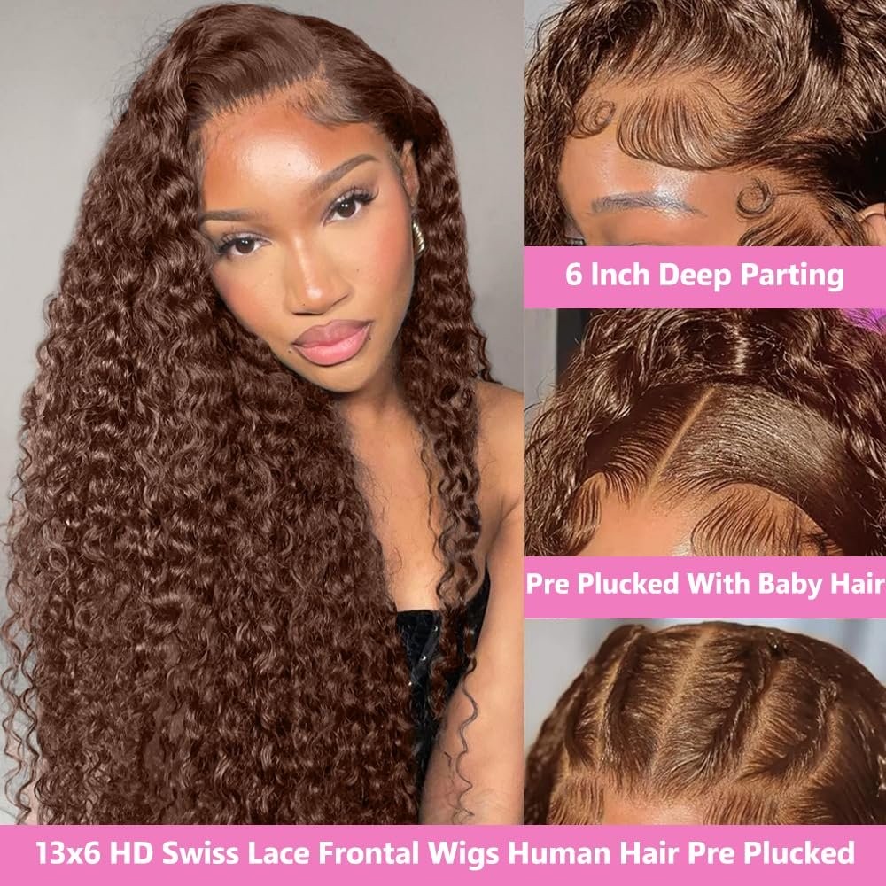 30Inch Chocolate Brown Human Hair Wig 200 Density 13×6 HD Deep Wave Lace Front W