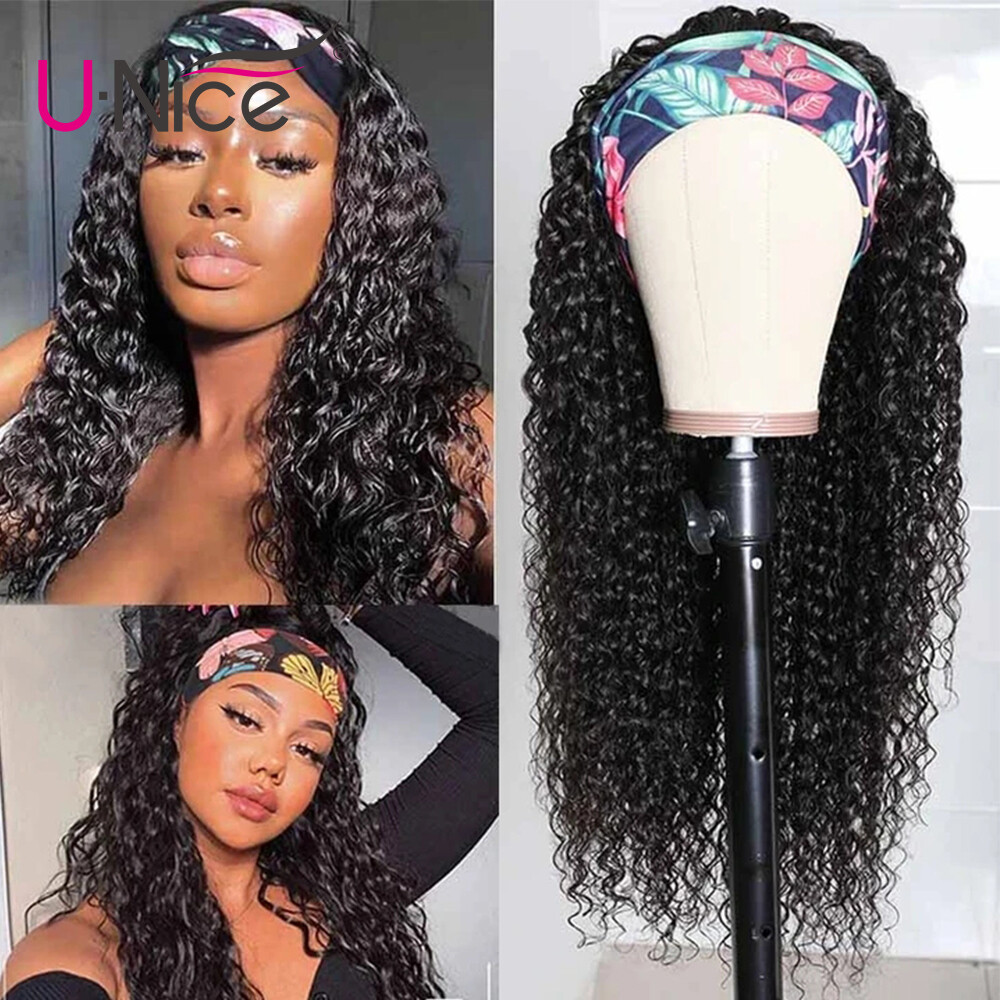 UNice Malaysian Headband Curly Human Hair Wigs 20″ Glueless Easy to Wear and Go