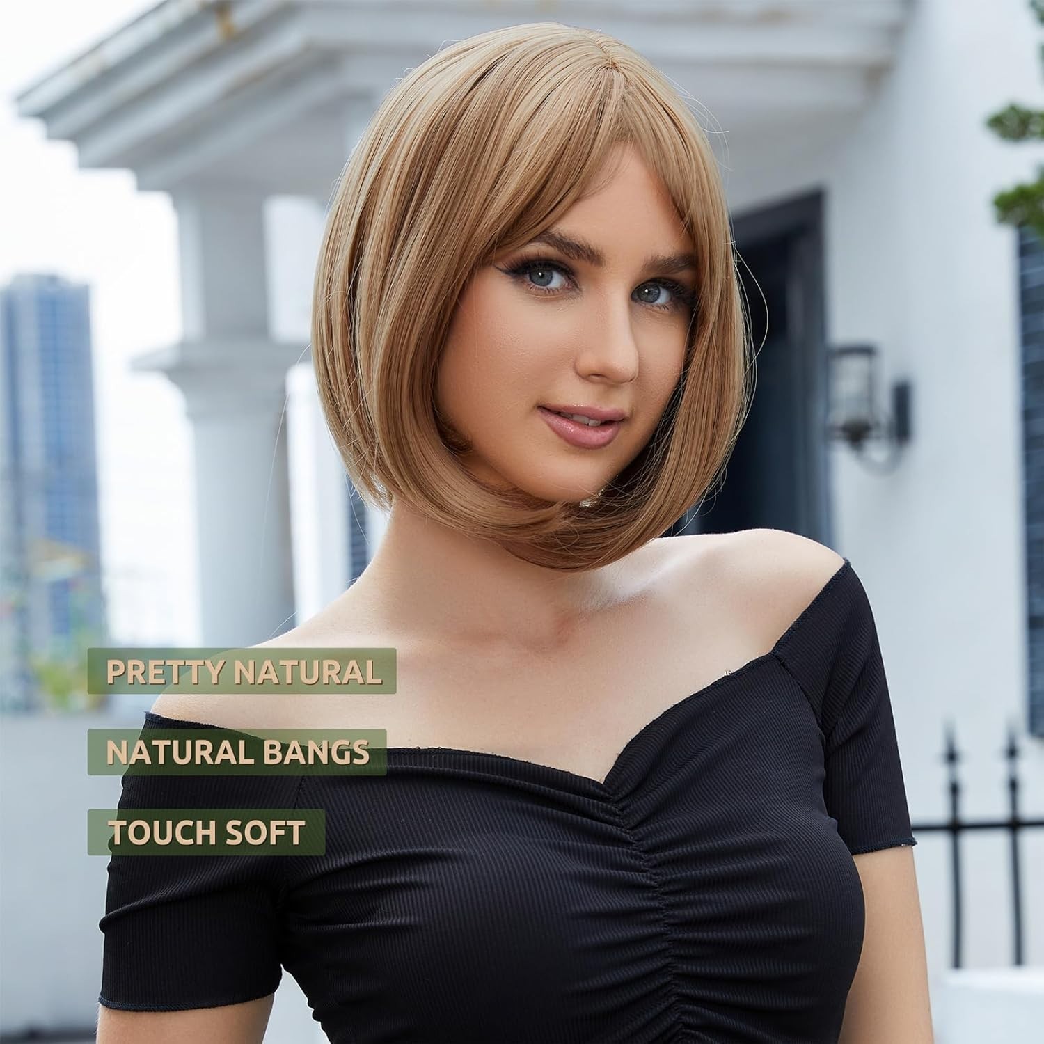 Onpep Bob Wig with Bangs Brown Highlight Short Straight Golden Brown Highlight