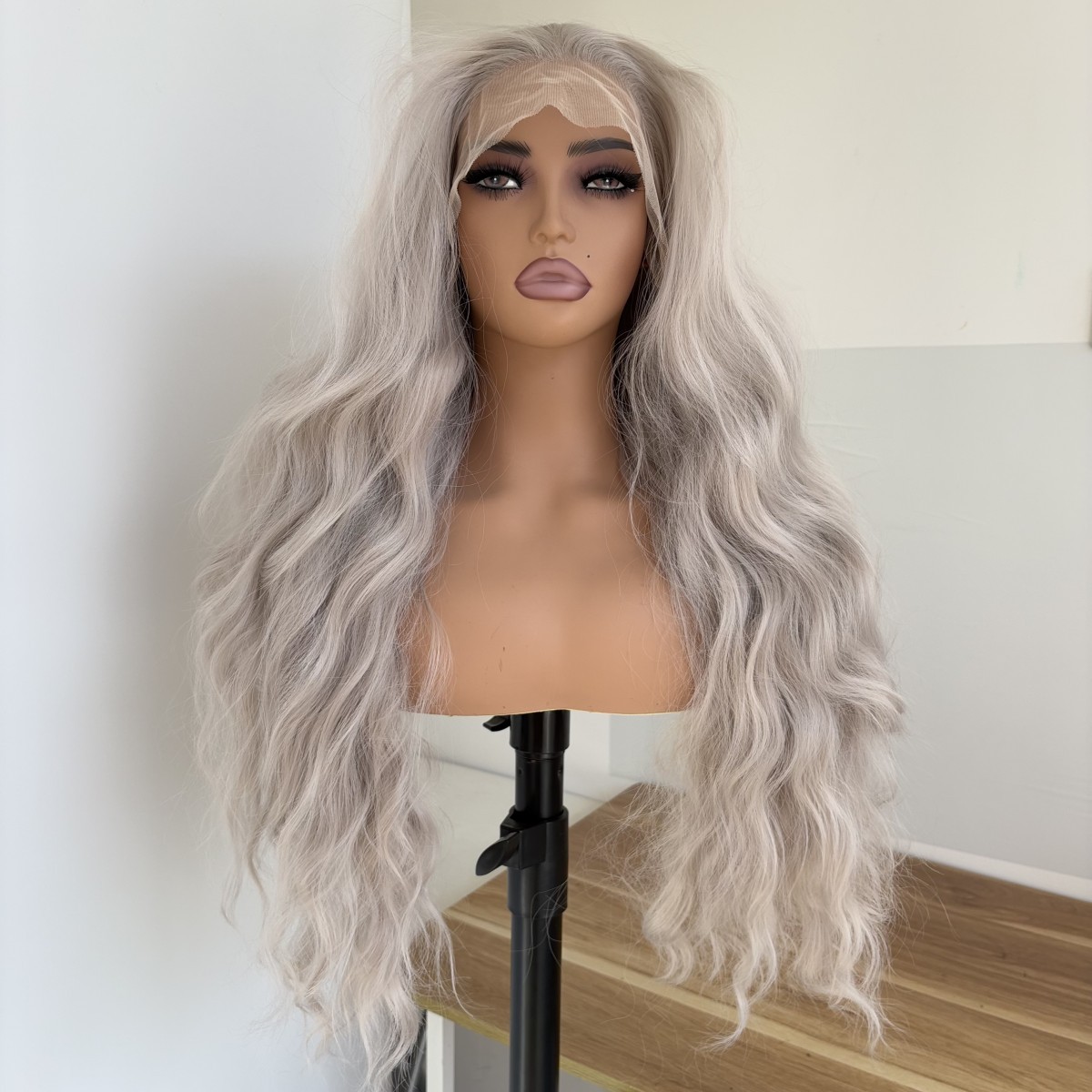 Heat Resistant Hair Long Wavy Silver gray Women T Lace Frontal Wigs Soft