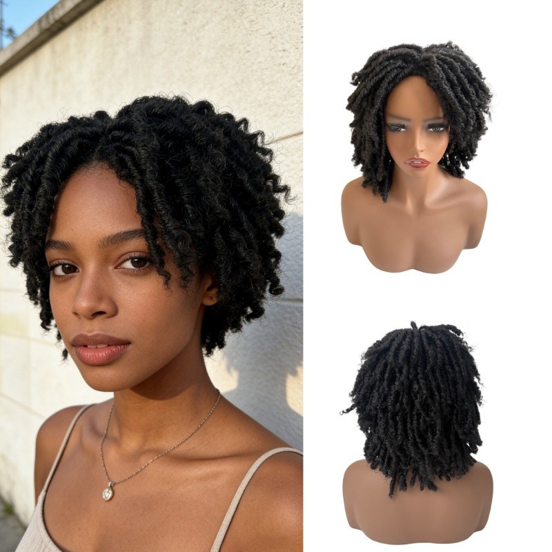 Short Dreadlock Wig 12 Inch Synthetic Fiber Curly Braided Wig Rose Net Cap 1B#