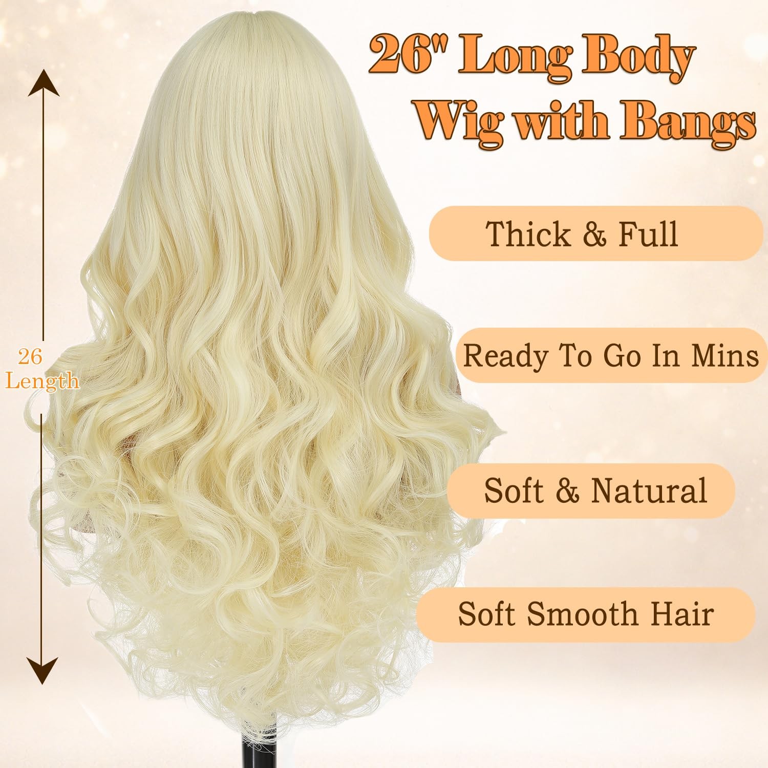 Long Body Wave Blonde Wig With Bangs – 26 Inch Long Wavy Blonde Wig with Bang…