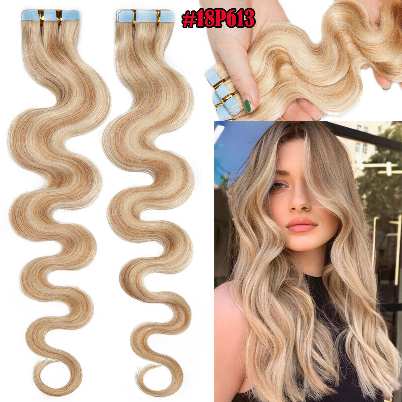 20/40/60pcs Thick Tape In Human Hair Extensions Skin Weft Body Wave Curly #Brown