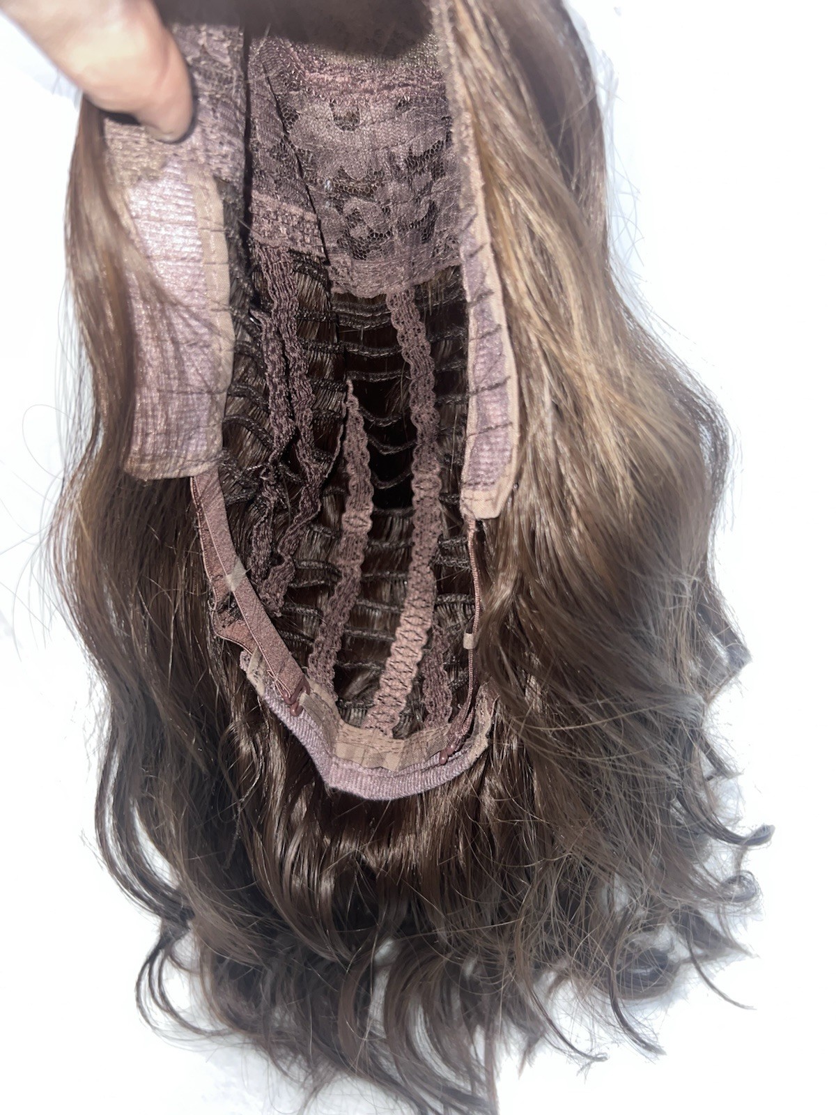 Womens Dark Brown Wavy Hair Wig With Light Brown Highlights Synthetic Soft Piece