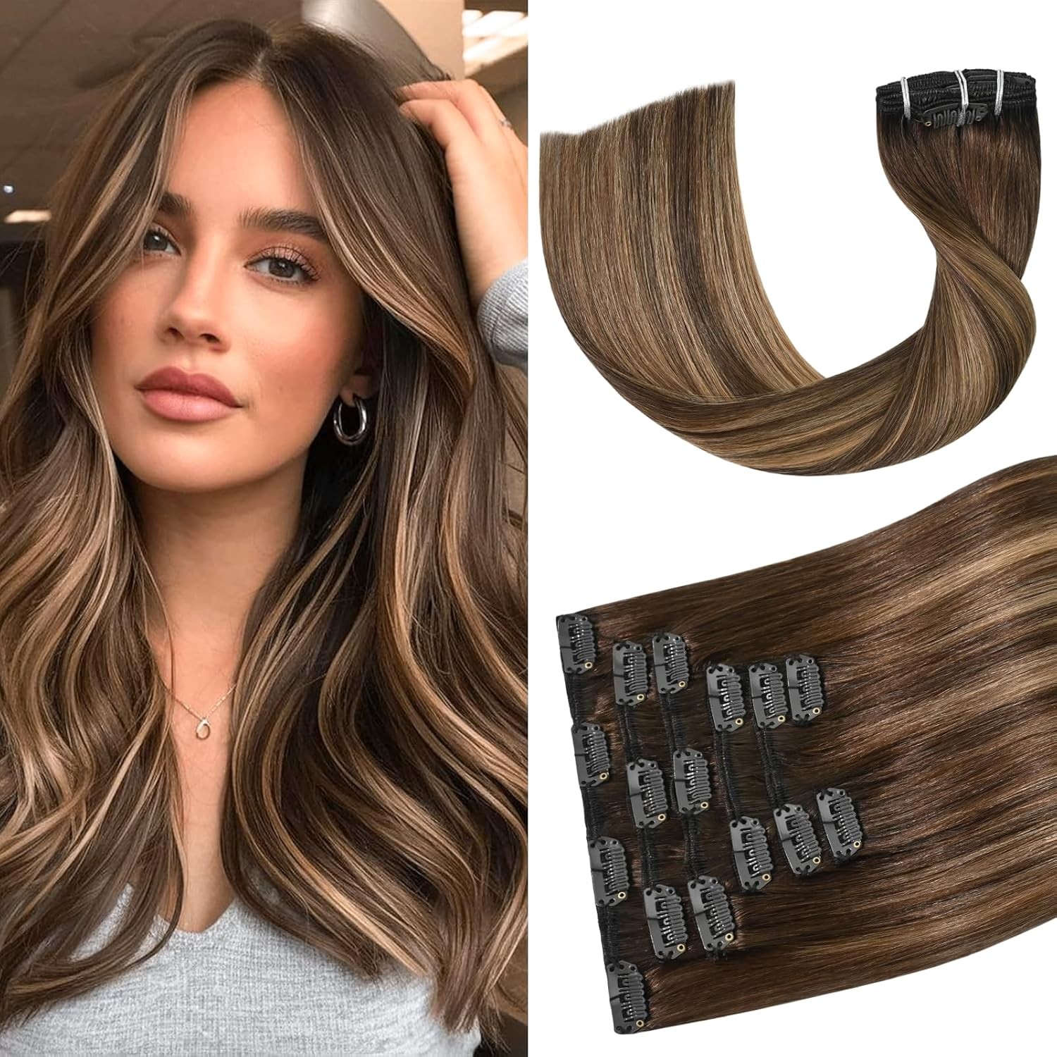 Aison Caramel Clip in Hair Extensions Real Human Hair 70G, 7 Piece, 12″