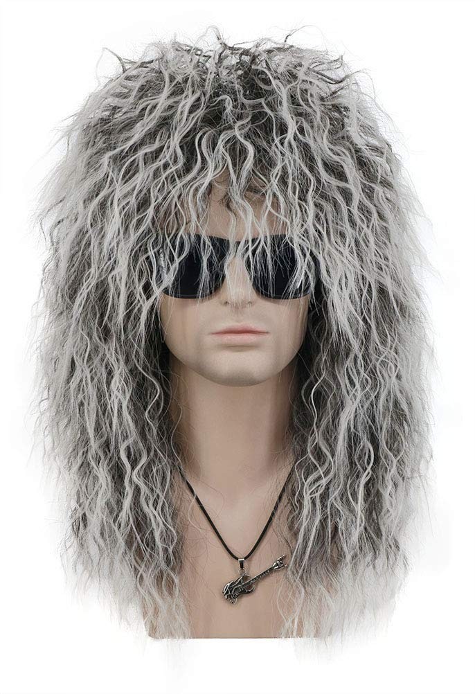 Adult Men Women Long Curly Gray Gradient White Wig 70s 80s Rocker Mullet Hall…