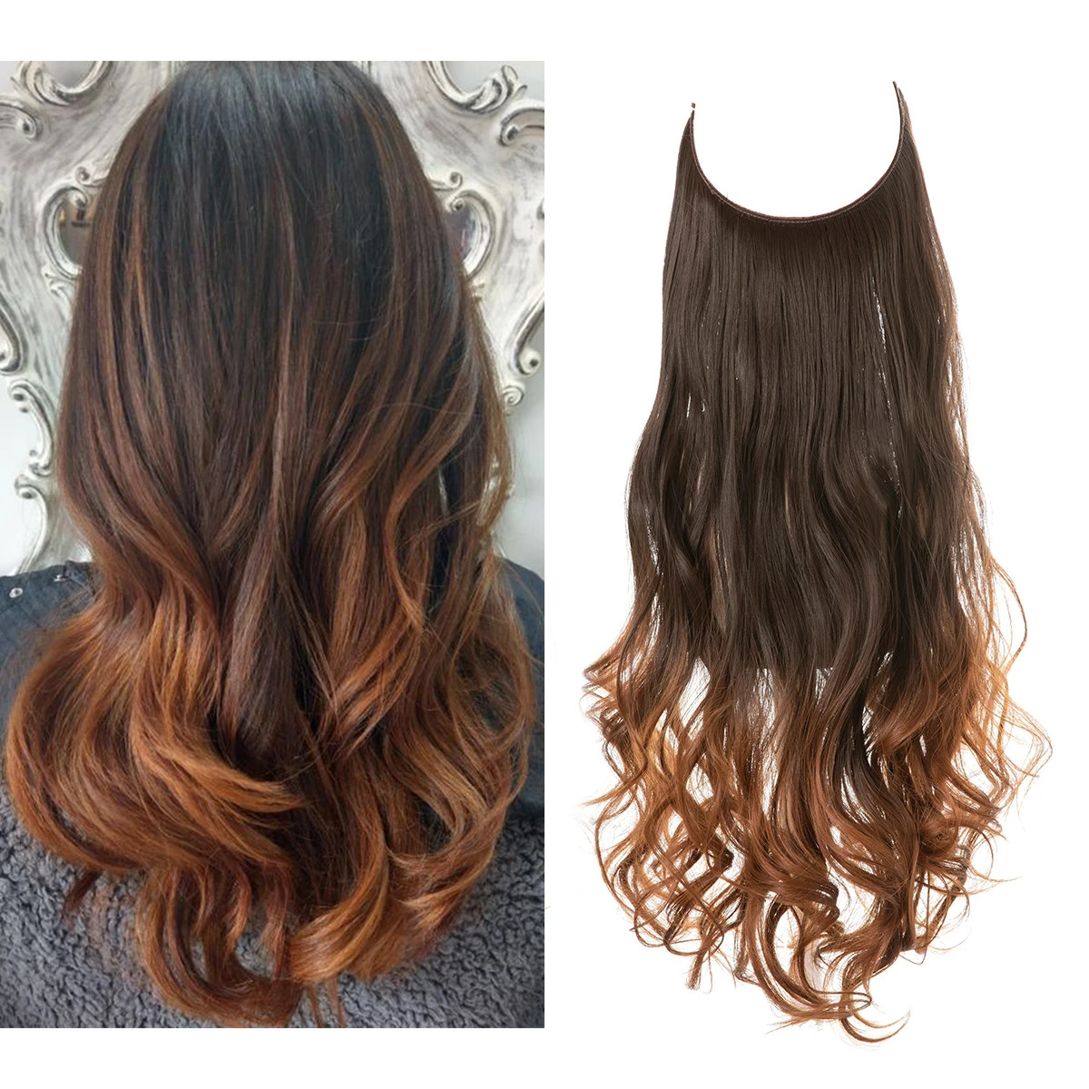 Synthetic No Clips Hair Extension Ombre Black Blonde Pink Long Wave