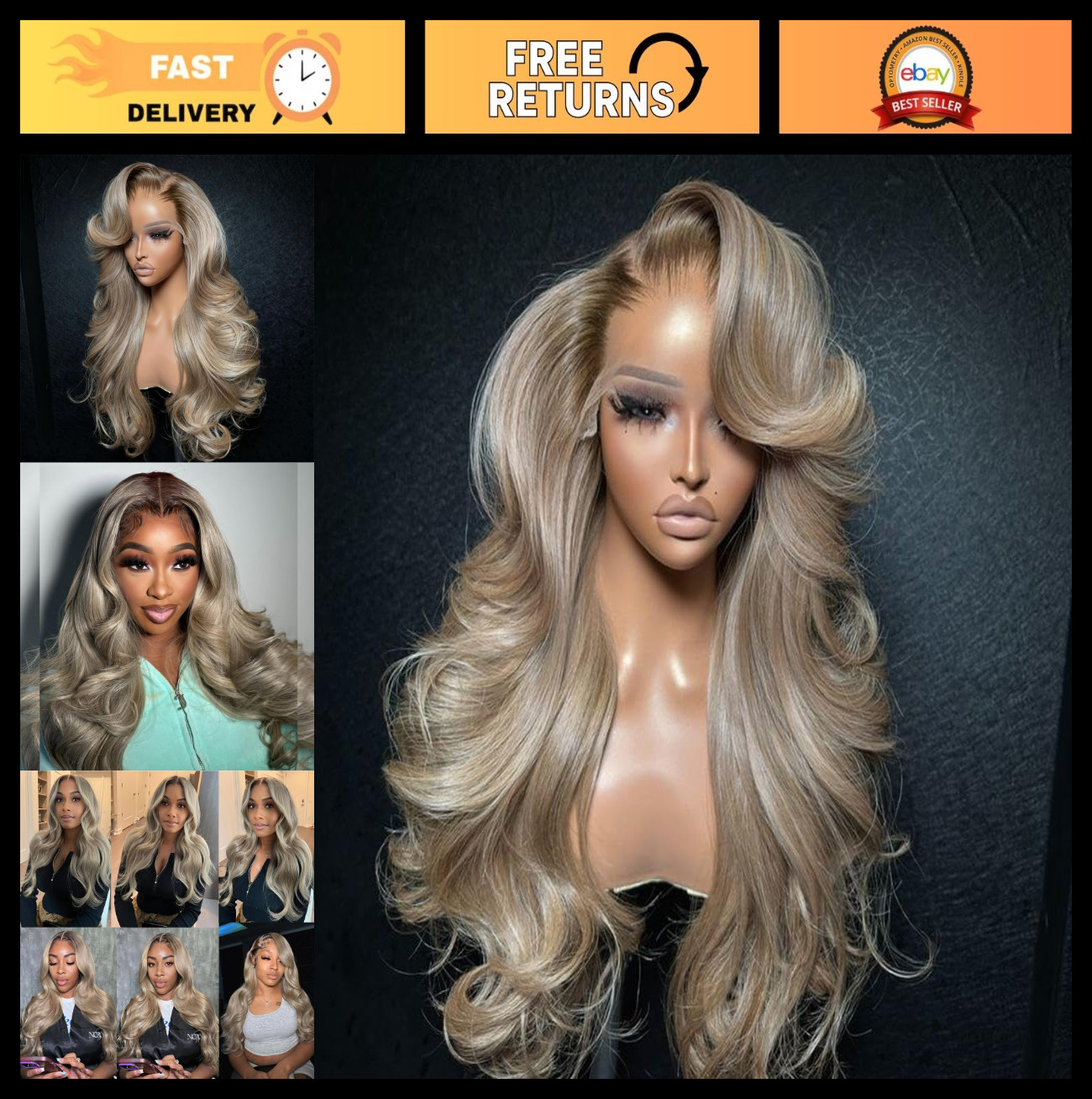 Ombre Ash Blonde Body Wave Lace Front Wig 26″ Human Hair, 200 Density, Glueless,