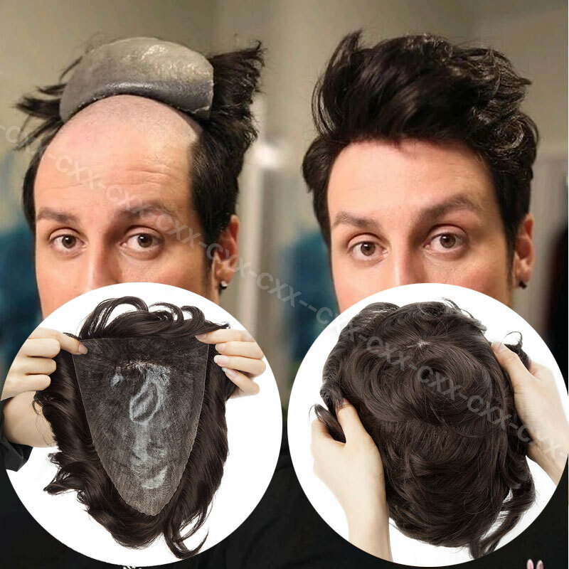 Mens Hair Replacement System Full Lace Poly Thin Skin Toupee Human Hair Piece PU