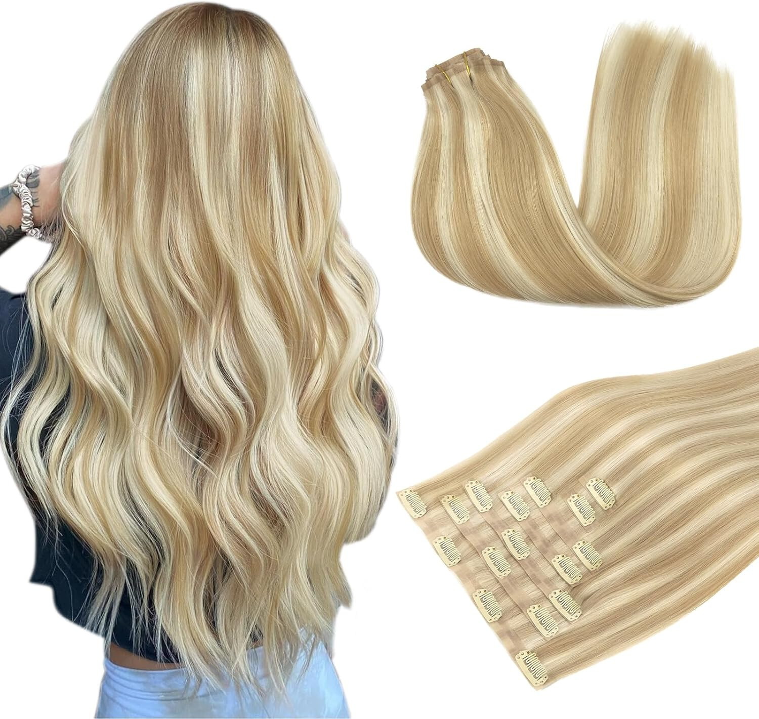 Clip-in Human Hair Extensions Double Wefts Full Head Thick Remy Russian Hair7pcs