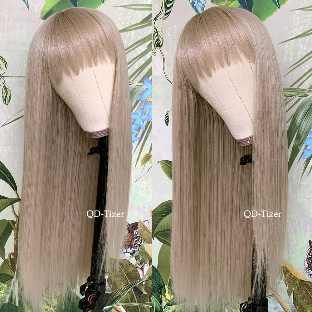 Heat-Resistant 24 Inch Ash Blonde Wig with Sparse Bangs – Perfect for Daily Wear