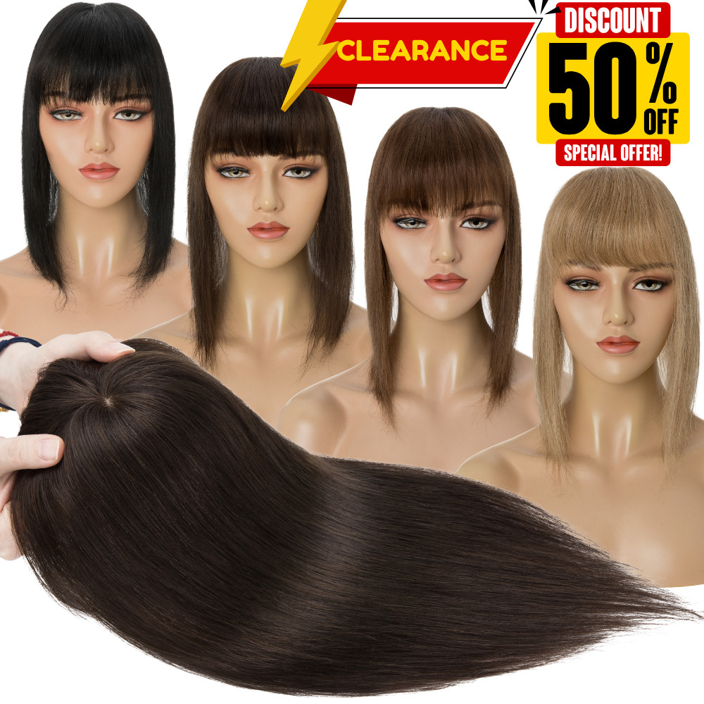 Hair Topper Women Clip In 100% Real Human Hair Wig Hairpiece Toupee with Bangs