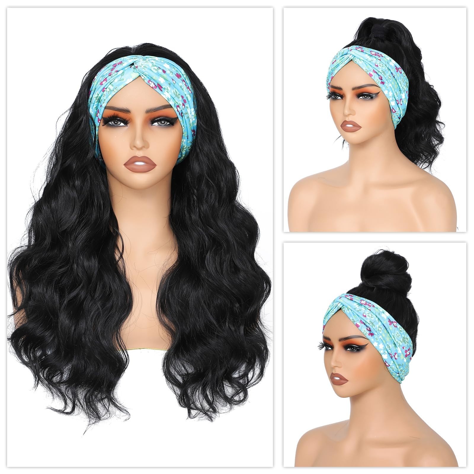 Black HeadBand Wigs for Women Long Wavy Headband Wigs 24inch
