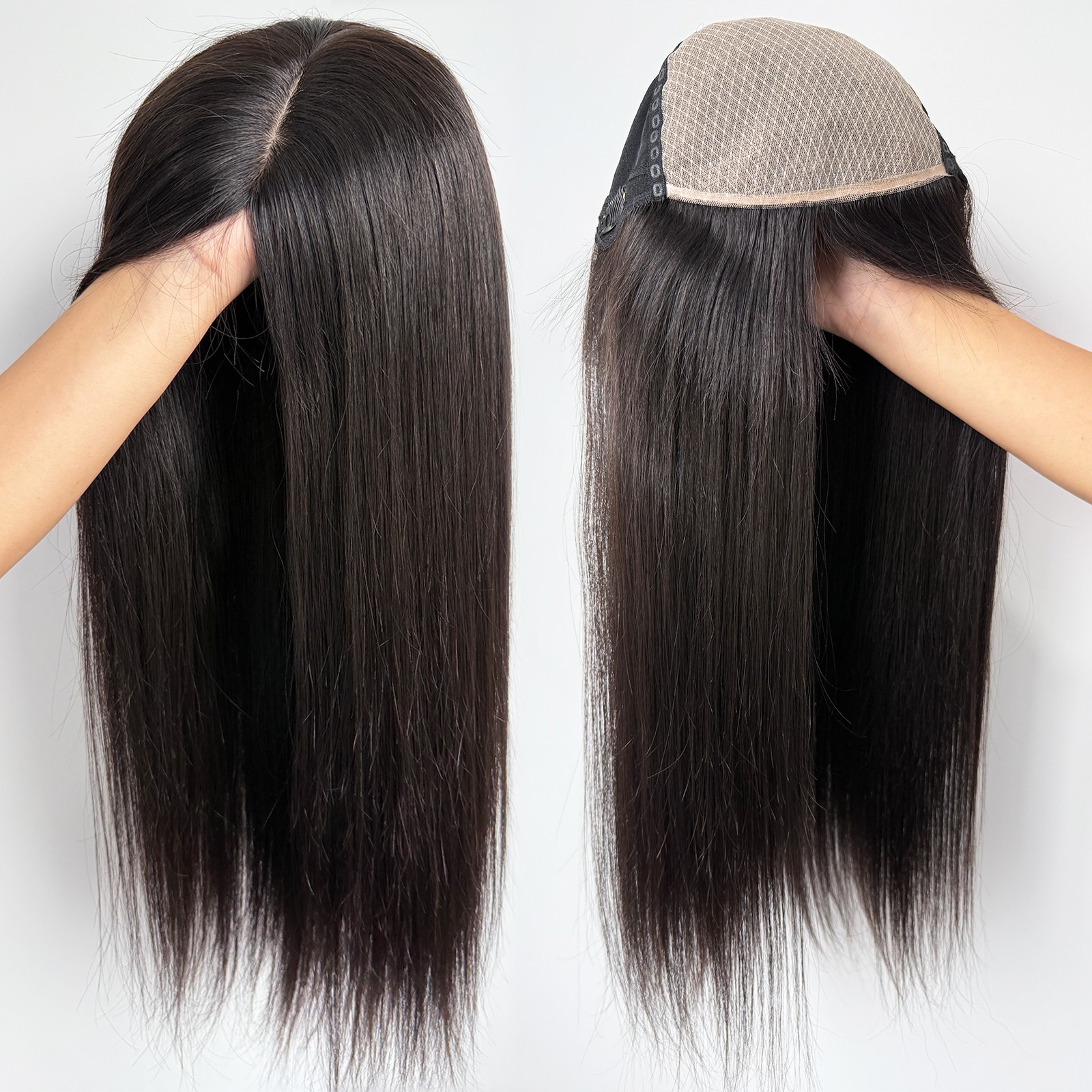 Black Silk Top Real Human Hair With PU Around Elastic Net Straight Medical Wig