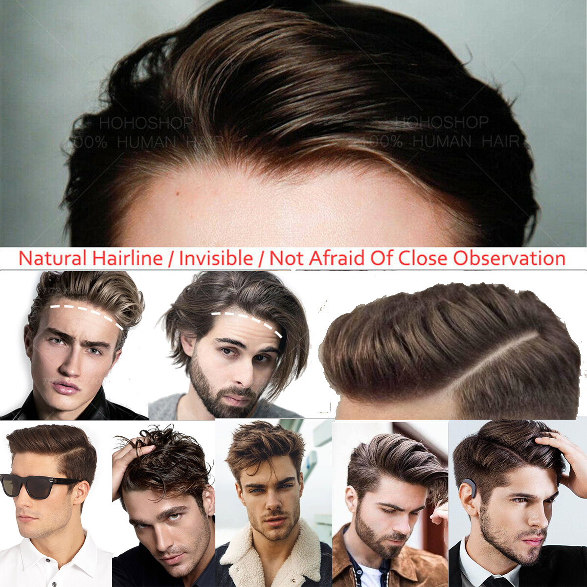 Front Toupet Mens Toupee Human Hair Replacement System PU Base Poly Hairpiece US