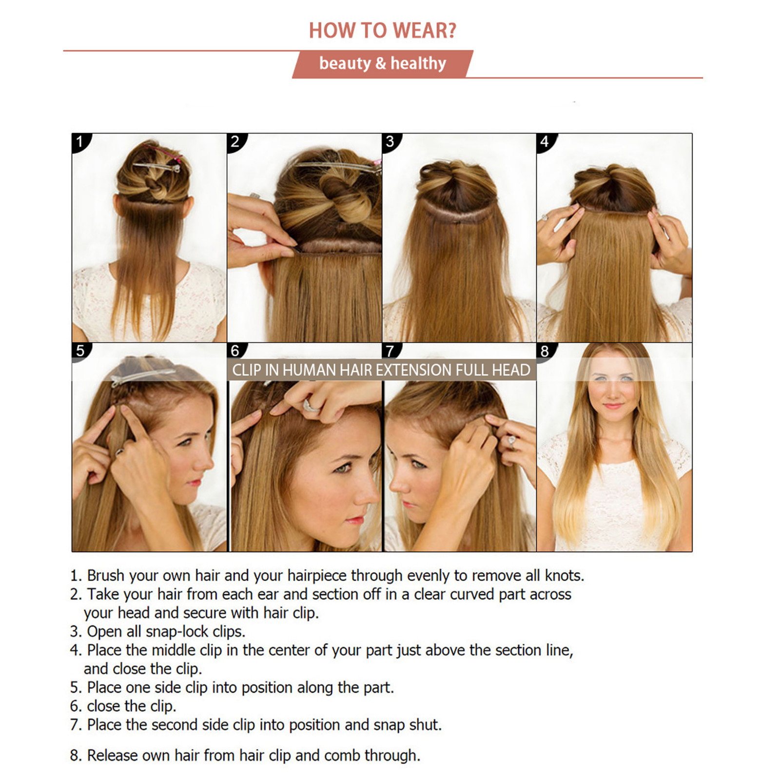 Real Human Hair Clip in Hair Extensions, Unprocessed & 100% Handmade Pure 100g