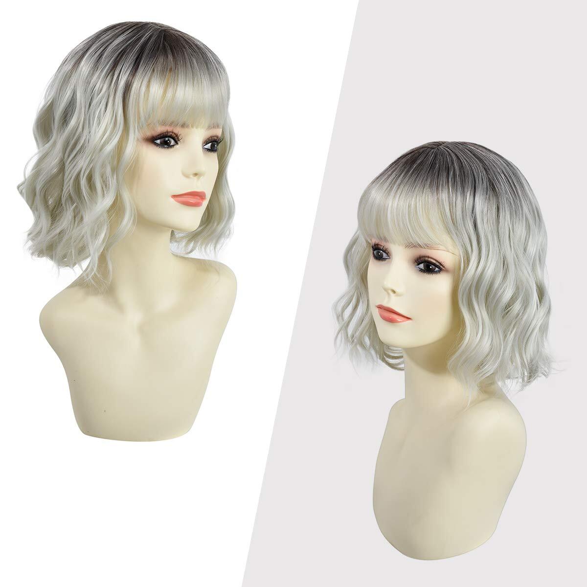 Medium Wavy Bob Wig with Bangs Natural Ombre Silver Wig Synthetic Hair Shoulder