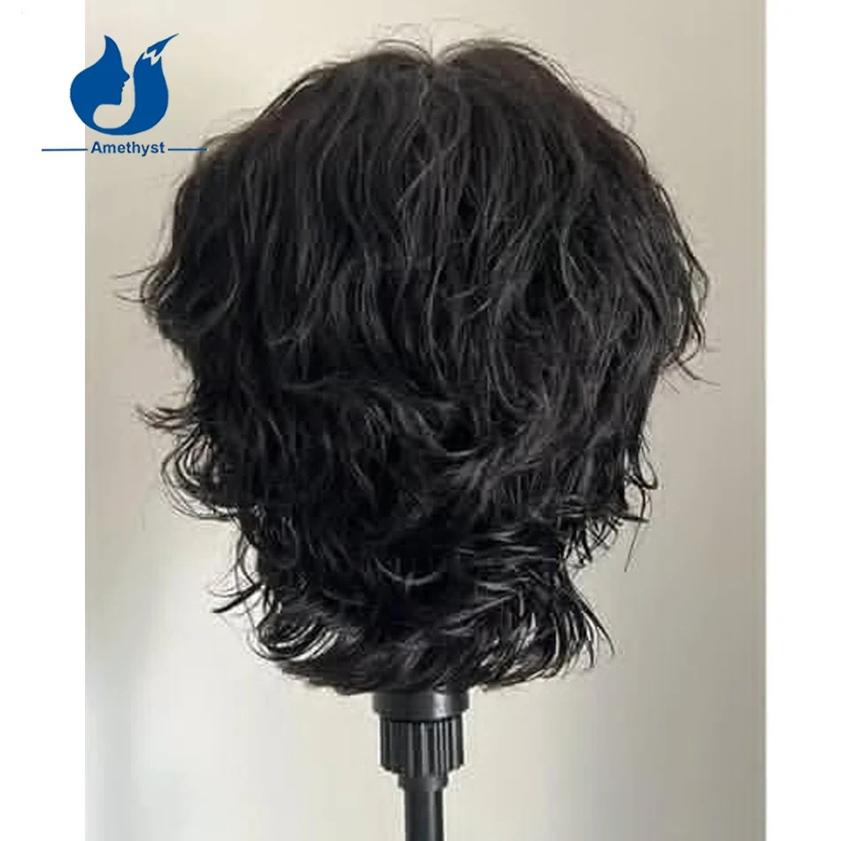 Natural Wavy Men’s Human Hair Wig Short Bob Wolf Cut 13×6 Lace Front Male Wig