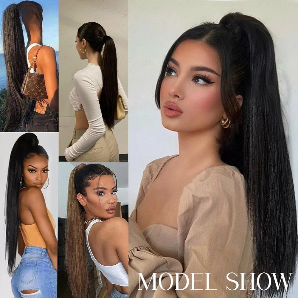 Women 24Inch Long Straight Synthetic Claw On Ponytail Hair Extensions Hairpiece
