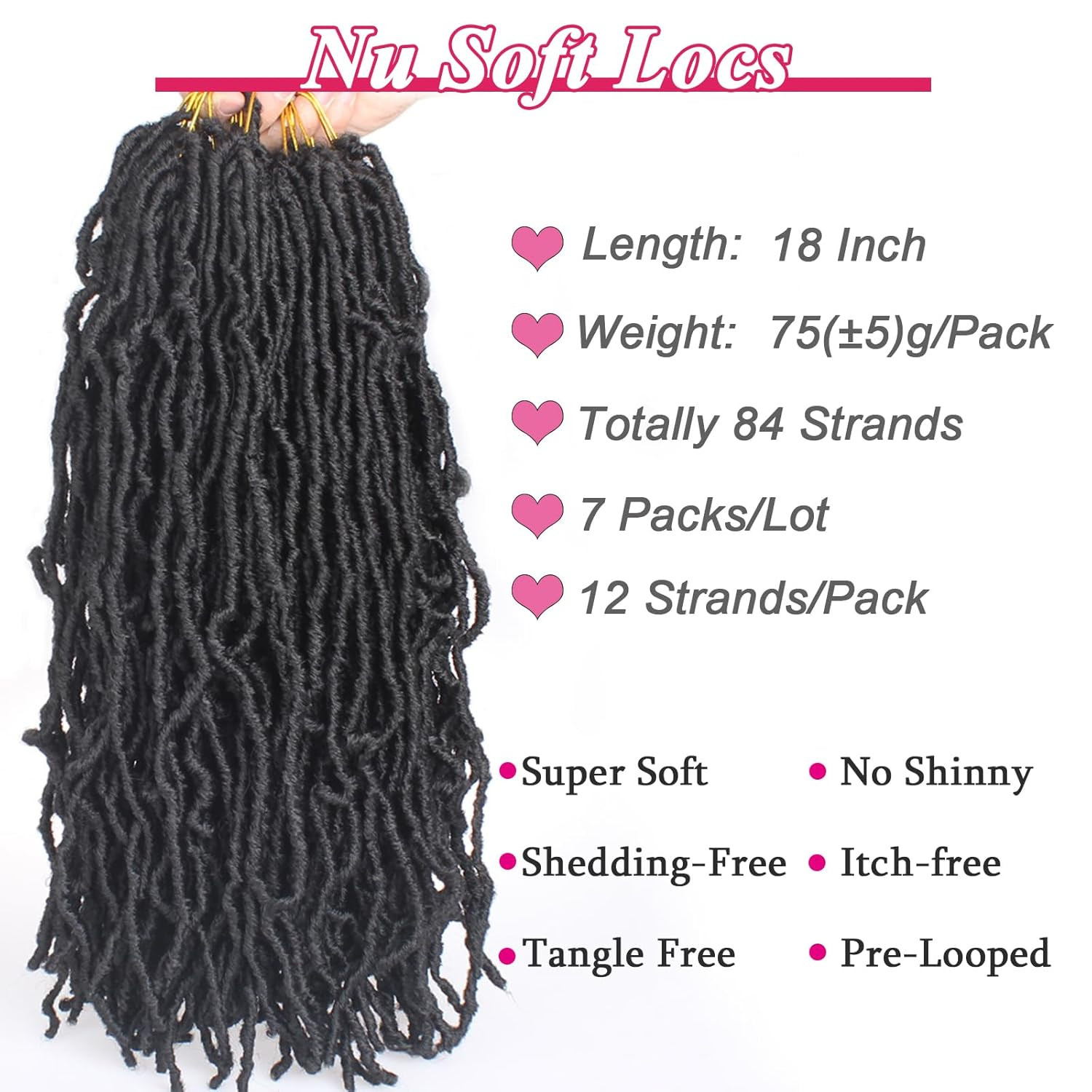 18 Inch 7 Packs Pre-Looped Faux Locs Crochet Braids 84 Roots Natural Black Soft
