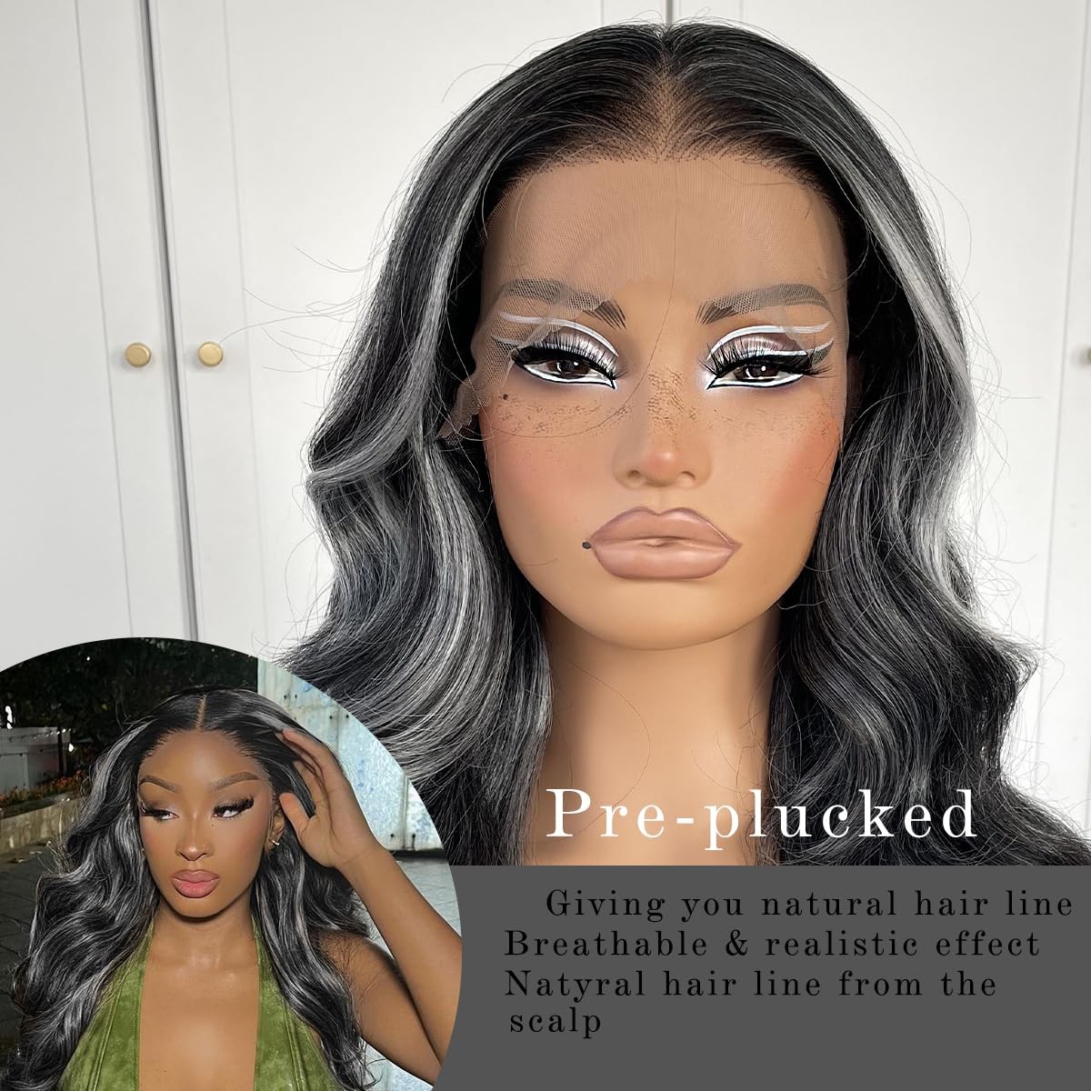 Highlight Lace Front Wig Pre-Plucked Black And White Skunk Stripe Body Wave H…