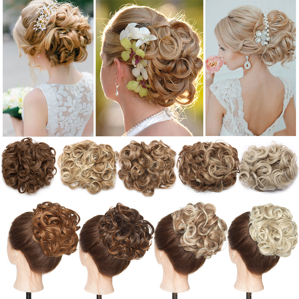 Wedding Short Curly Bun Hair Piece Comb Clip In Chignon Hair Extensions Woman US