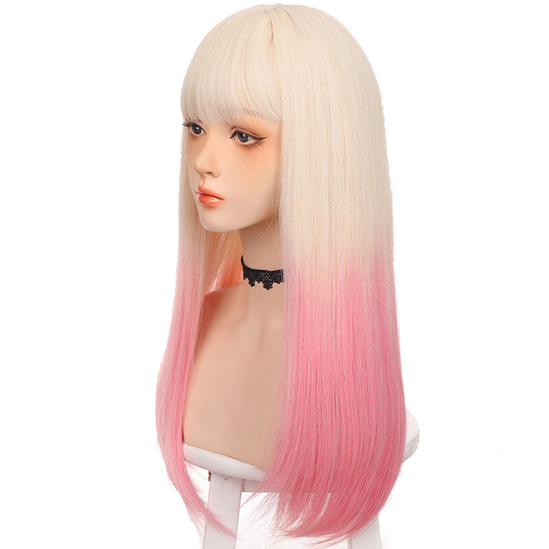 Cosplay Wig Women Straight Hair Light Gold Pink Gradient Hair Wig Lolita Wig