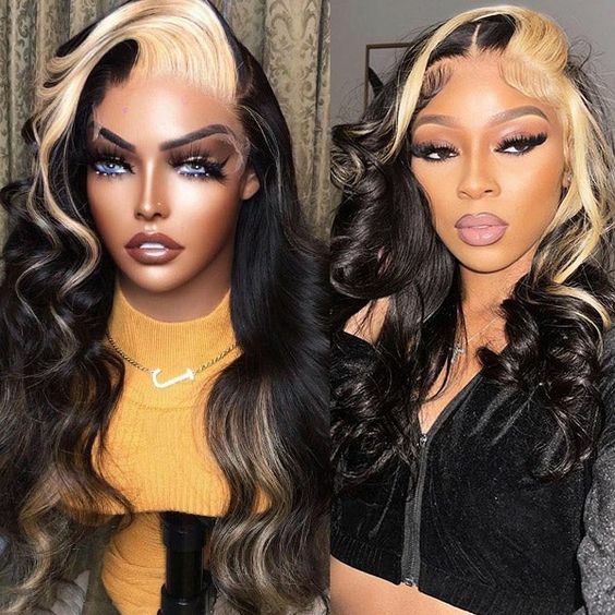 Highlight Lace Front Wigs Human Hair Body Wave Stripe Honey Blonde Pre Plucked