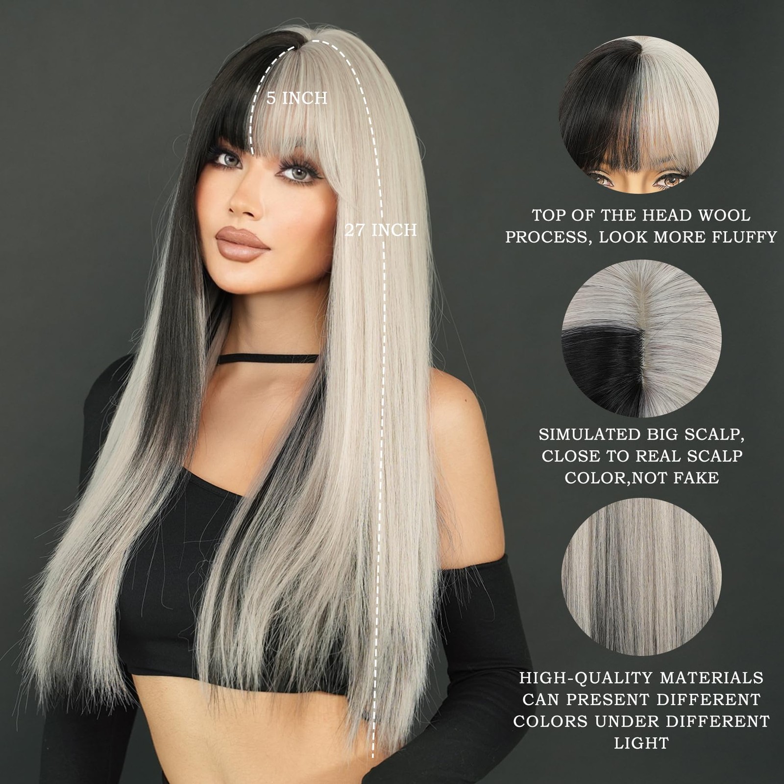 Long Straight Silver Grey Highlight Wig with Bangs 27in Natural Heat Resistan…
