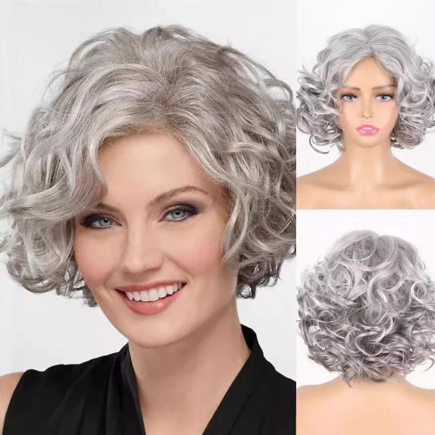 Short Silver Grey Curly Wigs for White Women Natural Curly Short Layered Pixie