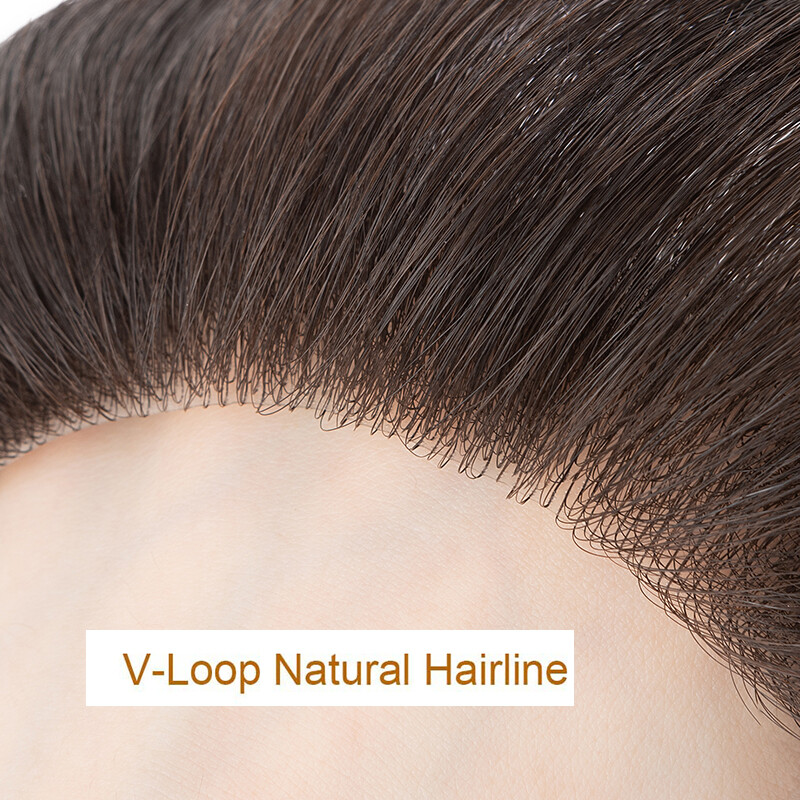Mens Hairline Toupee Men Frontal Hairpiece V-Shape PU Thin Skin Remy Human Hair