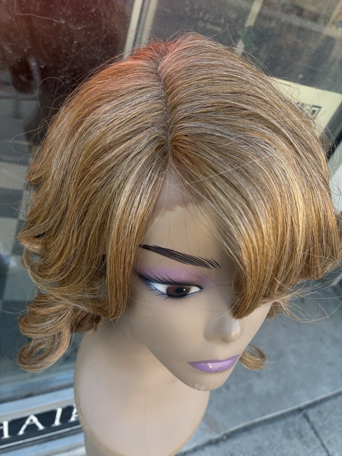 Wig￼ asymmetrical, Romantic Curls, Lace, Front Side, Part With Golden Blonde