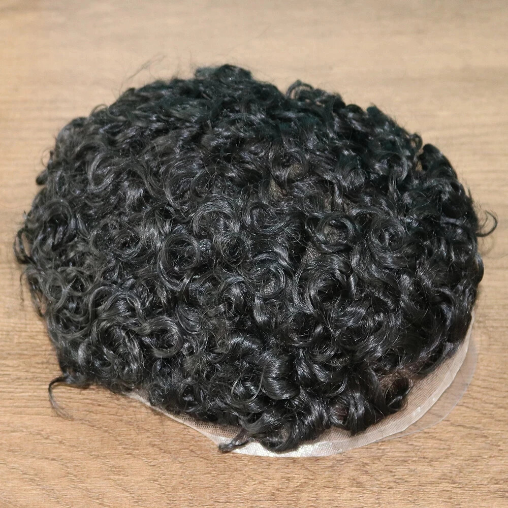 Black Natural Loose Curl 18mm Curly Men Toupee Durable Thin Skin Full Pu Base