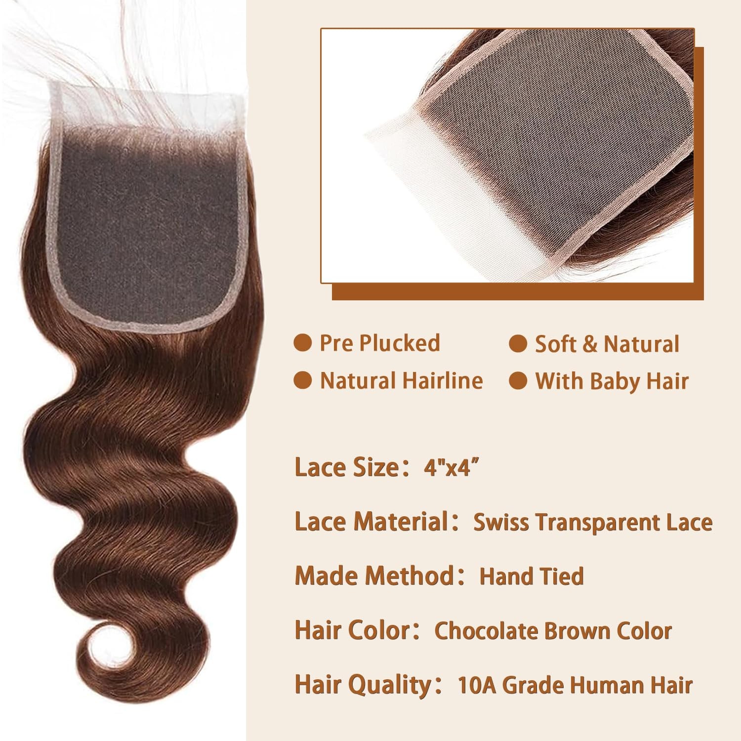 Isufer Chocolate Brown Lace Front Closure 4X4 Human Hair 20 Inch Body Wave