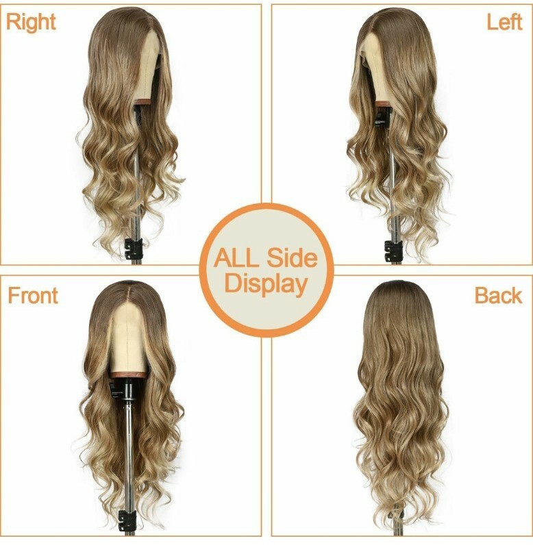HD Lace Front Wig Human Hair Blend Highlights Wavy Curly Honey BROWN Blonde