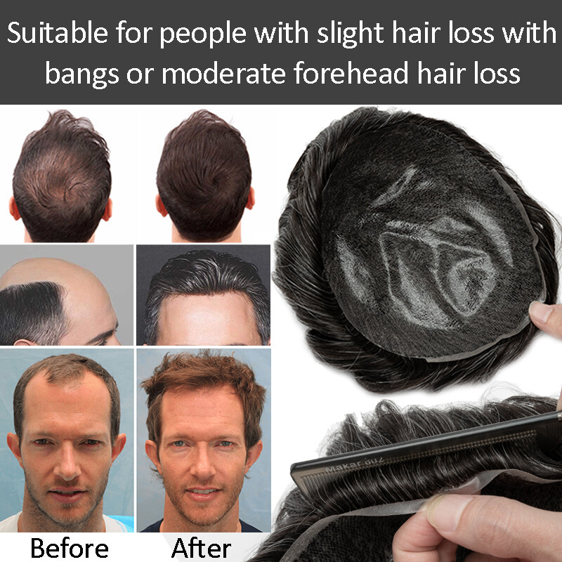 Mens Toupee Replacement System Wig Hairpiece Real Remy Human Hair Thin Skin PU