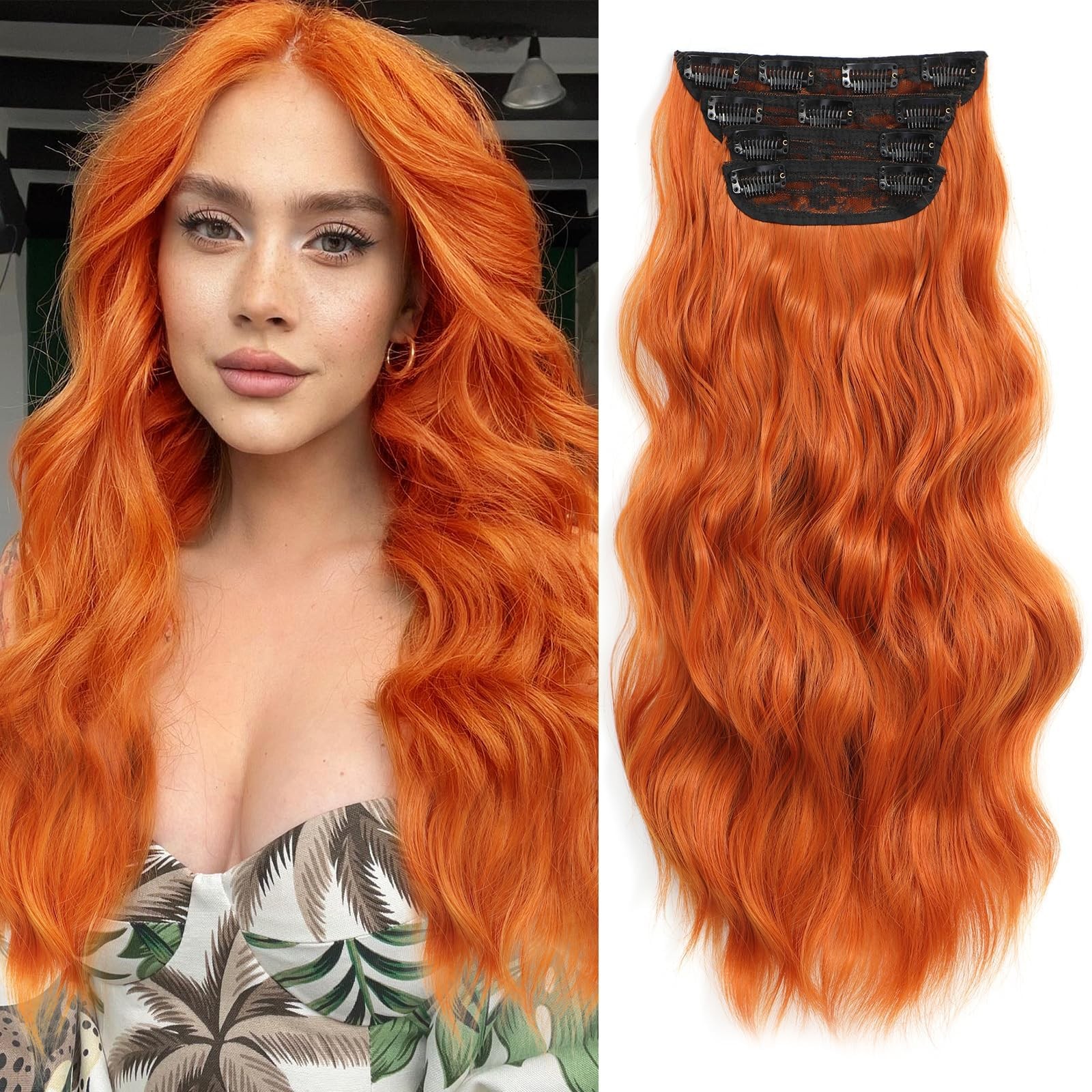 Clip in Curly Hair Extensions 4PCS Long Wavy Synthetic Thick Hairpieces with …
