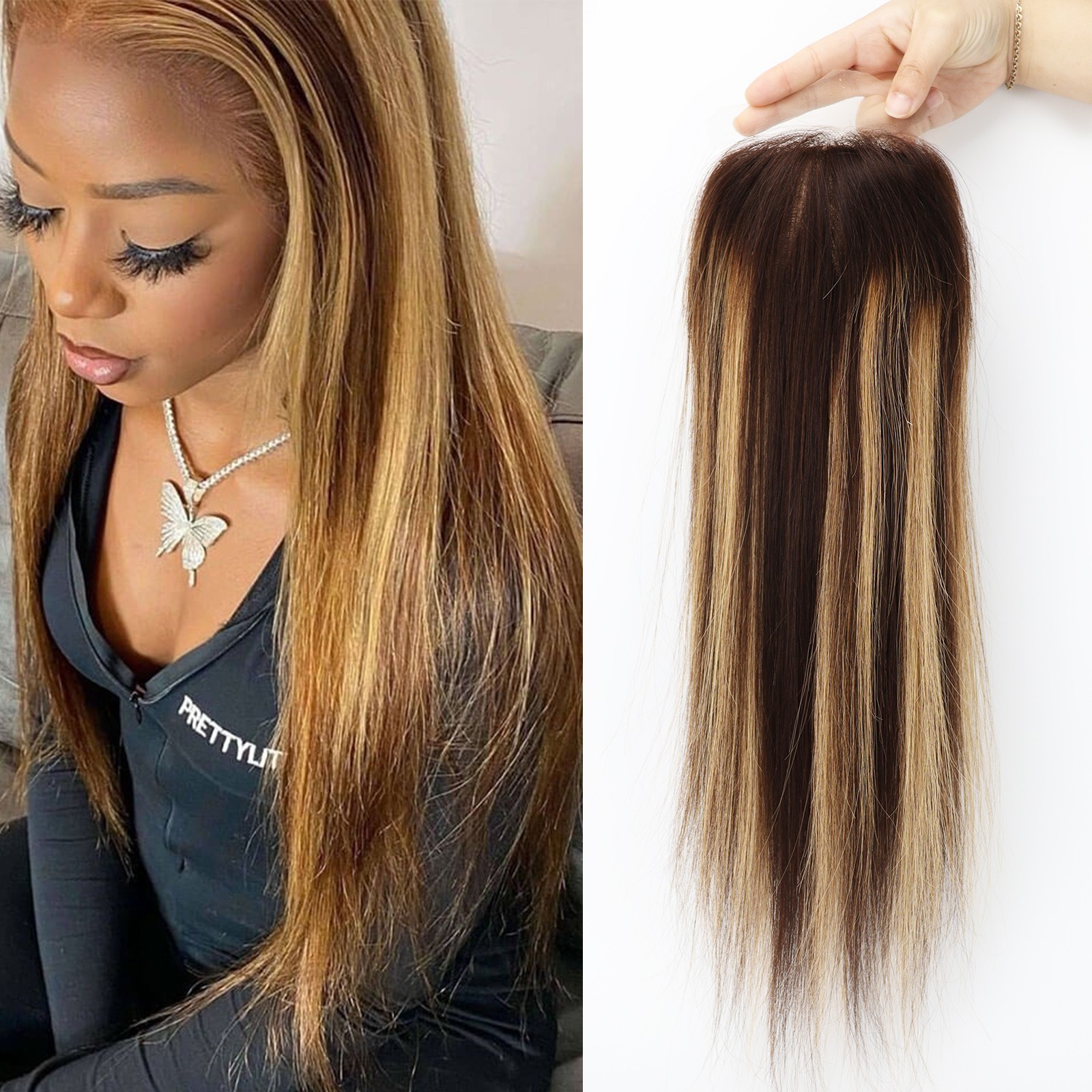 4/27 Highlight Silk Base 100% Human Hair Topper For Woman Remy Hair Lace Closure