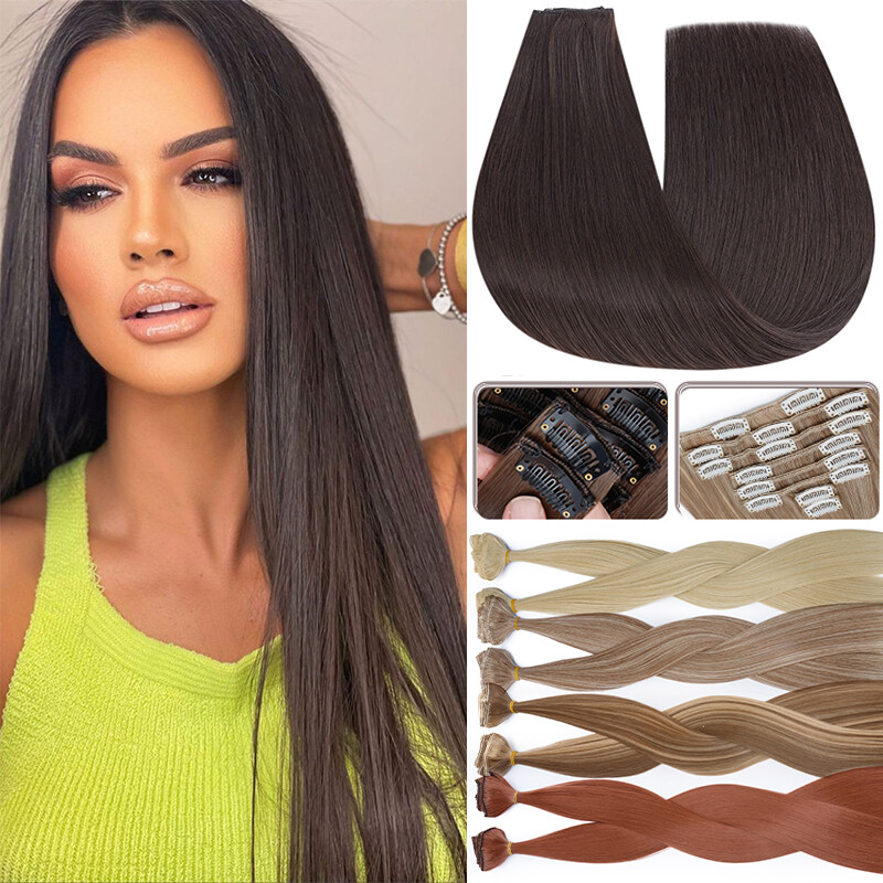 Invisible Weft 8Pcs Clip In Real As Human Hair Extension Full Head Wavy Straight