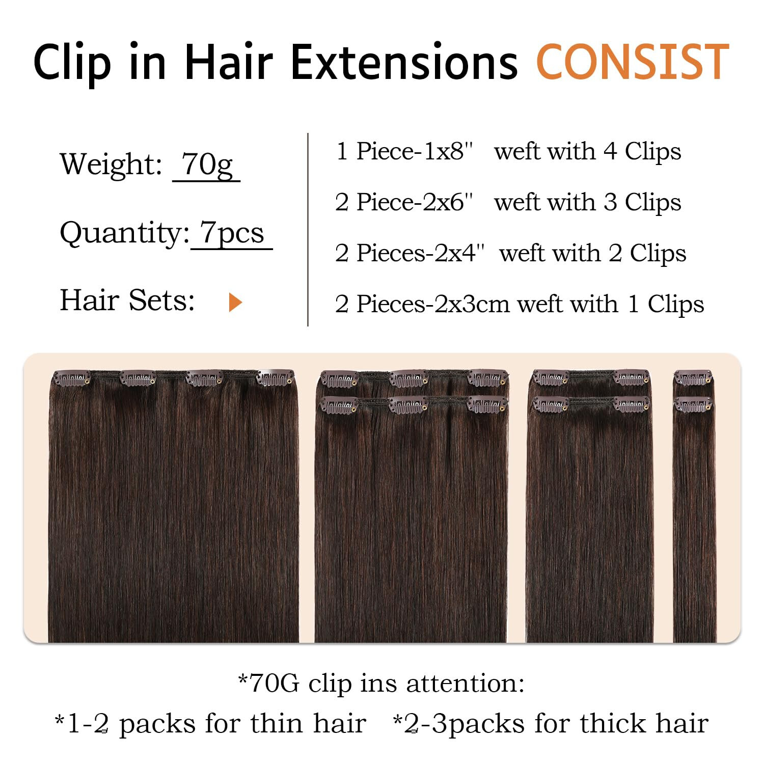 Clip In Remy Human Hair Extensions 16 inch, 70g, 7 pcs, Hair Extensions Clip