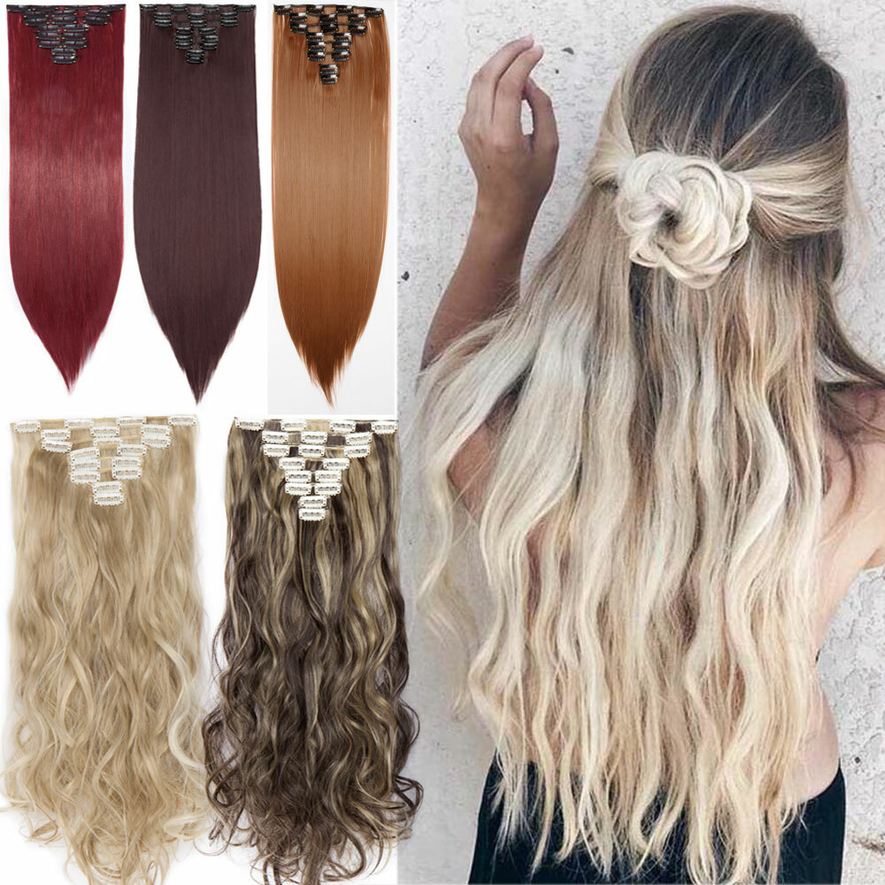 24INCH LONG THICK 100% Real Full Head 8-Pieces Clip in Hair Extensions Wavy HYT
