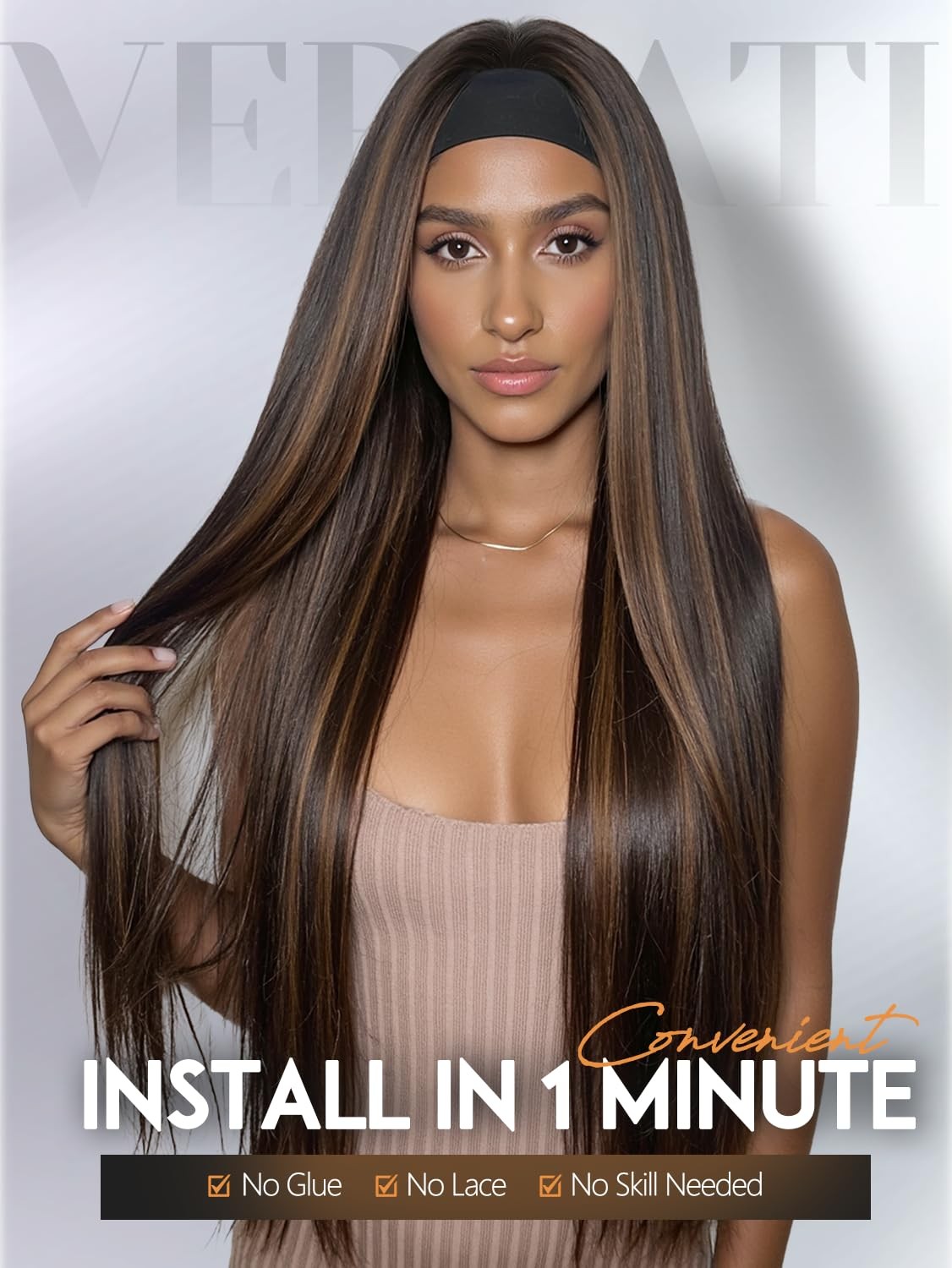 Highlight Headband Wigs for Black Women 30 inch Mixed Brown Straight Half Wig…
